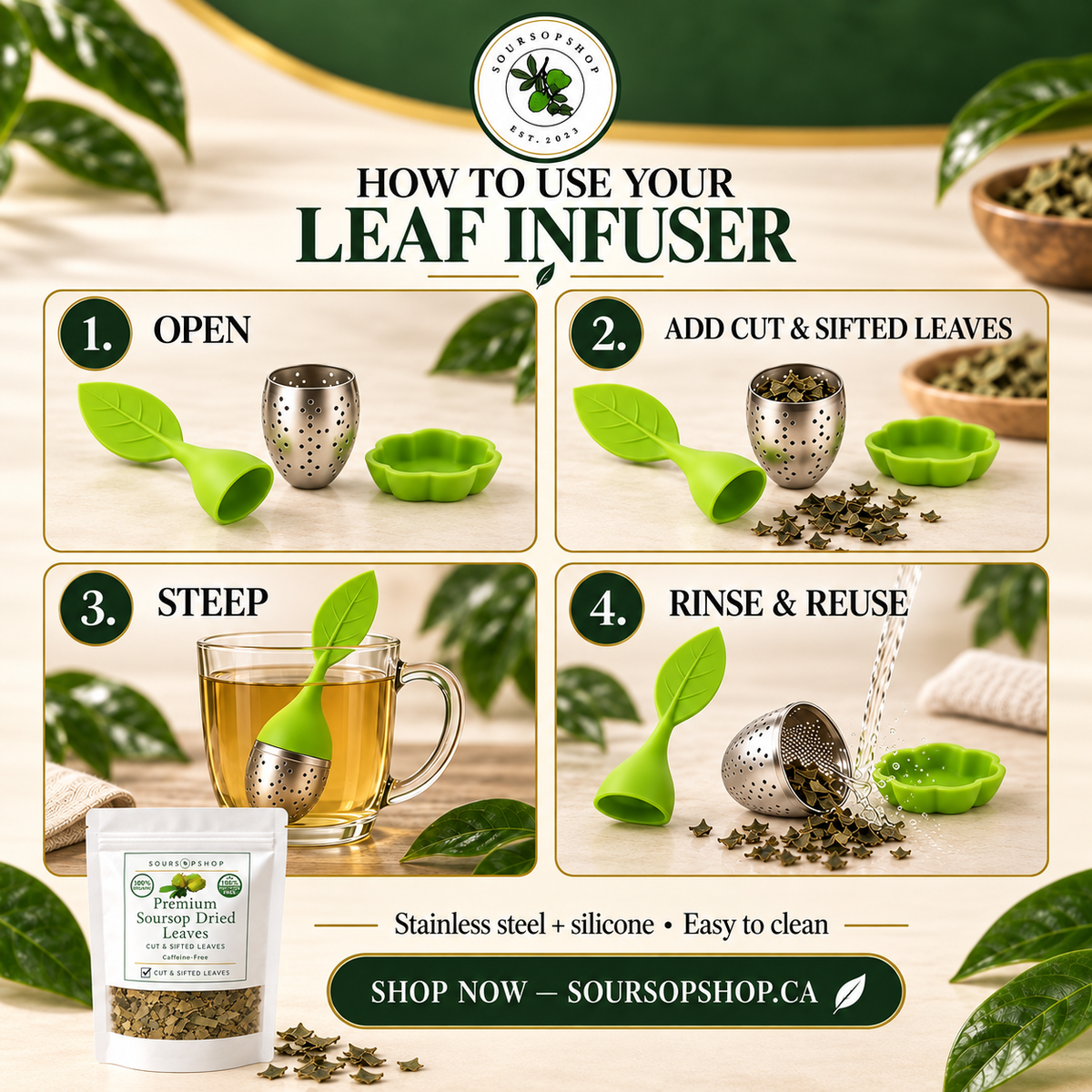 Soursopshop: Signature Stainless Steel Silicone Tea Leaf Infuser